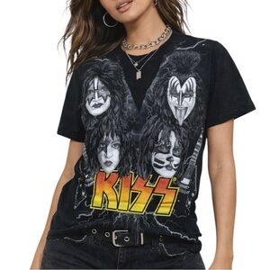 Kiss Black Mesh Insert Band Portrait Graphic Glam Rock T-shirt Small